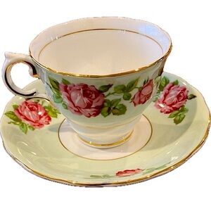 Colclough vintage bone China tea cup & saucer, pink roses on green & white
